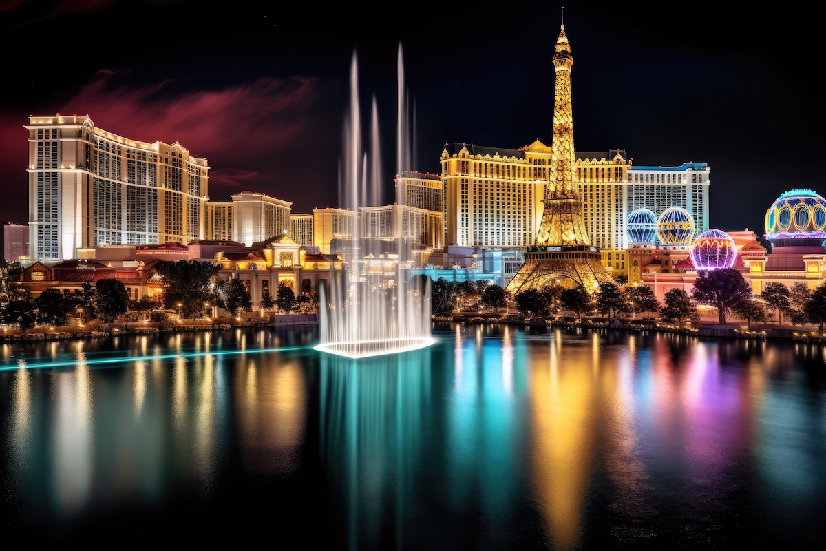 Bellagio Hotel and Casino at night in Las Vegas. Bellagio is a luxury hotel and casino located on the Las Vegas Strip, View of the Bellagio Fountains and The Strip in Las Vegas, AI Generated